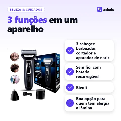 Aparador e Barbeador 3 em 1 Recarregável: 3 cabeças: barbeador, cortador e aparador de nariz; Sem fio, com bateria recarregável; Bivolt; Boa opção para quem tem alergia a lâmina