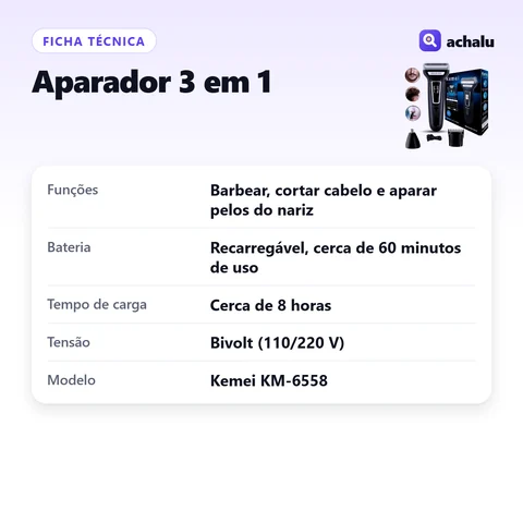Ficha técnica: Aparador e Barbeador 3 em 1 Recarregável