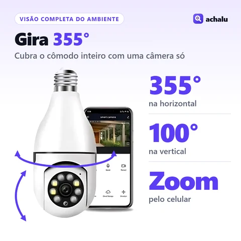 Câmera Lâmpada 360° gira 355° na horizontal e 100° na vertical, com zoom pelo celular
