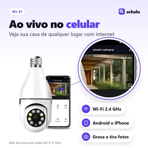 Veja a câmera ao vivo pelo celular de qualquer lugar com internet, com Wi-Fi 2.4 GHz e app para Android e iPhone