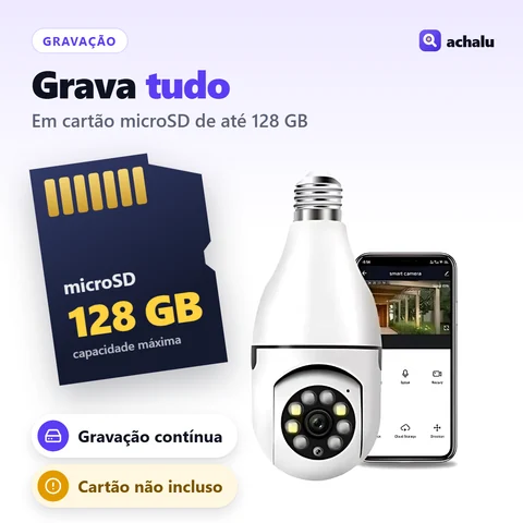 Grava continuamente em cartão microSD de até 128 GB (cartão não incluso)