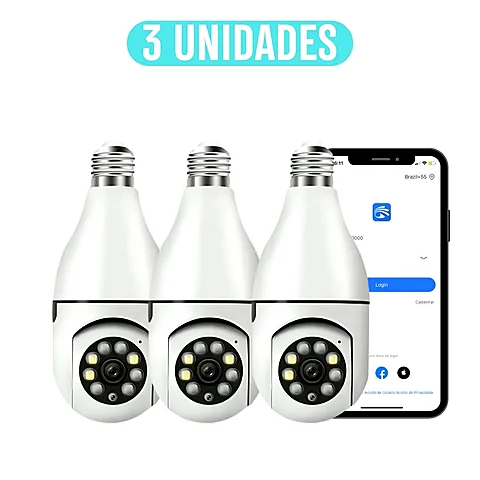 Câmera Lâmpada 360° Wi-Fi Full HD: kit 3 câmeras