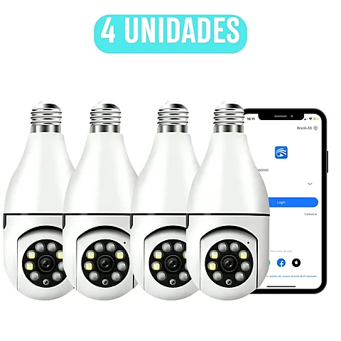 Câmera Lâmpada 360° Wi-Fi Full HD: kit 4 câmeras