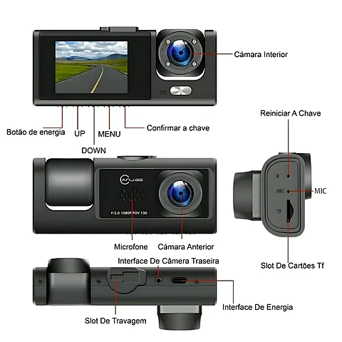 Câmera Veicular Full HD com 3 Câmeras