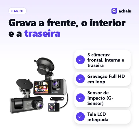 Câmera Veicular Full HD com 3 Câmeras: 3 câmeras: frontal, interna e traseira; Gravação Full HD em loop; Sensor de impacto (G-Sensor); Tela LCD integrada