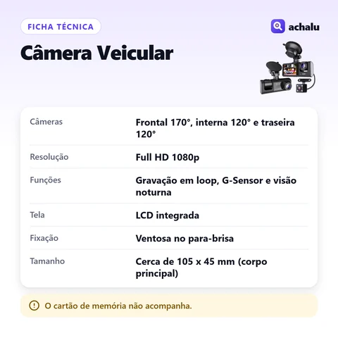 Ficha técnica: Câmera Veicular Full HD com 3 Câmeras