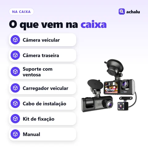 O que vem na caixa: Câmera Veicular Full HD com 3 Câmeras