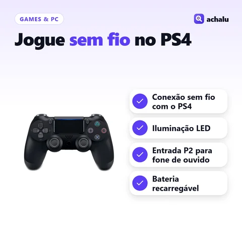 Controle Sem Fio Compatível com PS4: Conexão sem fio com o PS4; Iluminação LED; Entrada P2 para fone de ouvido; Bateria recarregável