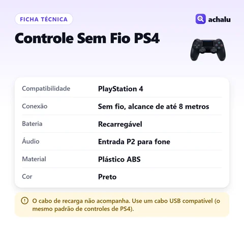 Ficha técnica: Controle Sem Fio Compatível com PS4