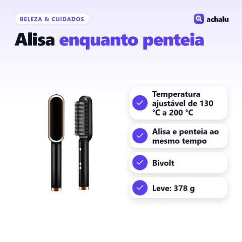 Escova Alisadora Elétrica Bivolt: Temperatura ajustável de 130 °C a 200 °C; Alisa e penteia ao mesmo tempo; Bivolt; Leve: 378 g