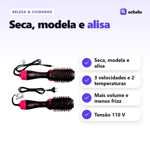 Escova Secadora 3 em 1 (110 V): Seca, modela e alisa; 3 velocidades e 2 temperaturas; Mais volume e menos frizz; Tensão 110 V