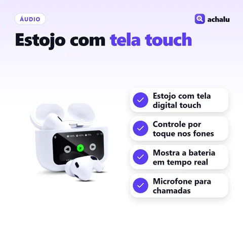 Fone Bluetooth A9 Pro com Tela Touch: Estojo com tela digital touch; Controle por toque nos fones; Mostra a bateria em tempo real; Microfone para chamadas