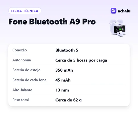 Ficha técnica: Fone Bluetooth A9 Pro com Tela Touch