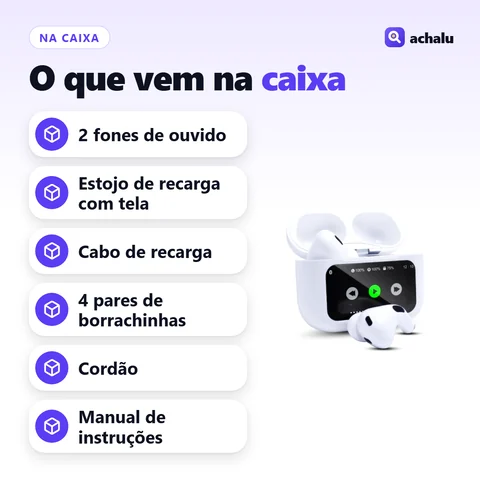 O que vem na caixa: Fone Bluetooth A9 Pro com Tela Touch