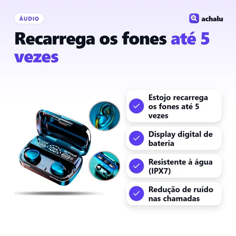 Fone Bluetooth M10 com Display e Power Bank: Estojo recarrega os fones até 5 vezes; Display digital de bateria; Resistente à água (IPX7); Redução de ruído nas chamadas