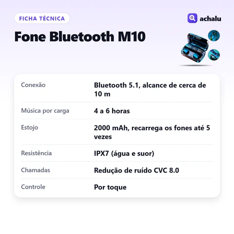 Ficha técnica: Fone Bluetooth M10 com Display e Power Bank