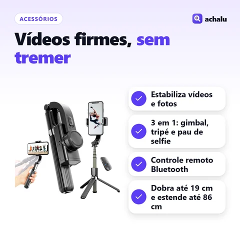 Gimbal Estabilizador de Celular L08: Estabiliza vídeos e fotos; 3 em 1: gimbal, tripé e pau de selfie; Controle remoto Bluetooth; Dobra até 19 cm e estende até 86 cm