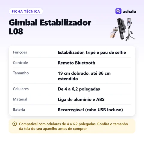 Ficha técnica: Gimbal Estabilizador de Celular L08