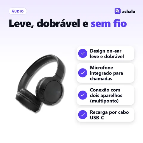 Headphone Bluetooth Dobrável com Microfone: Design on-ear leve e dobrável; Microfone integrado para chamadas; Conexão com dois aparelhos (multiponto); Recarga por cabo USB-C