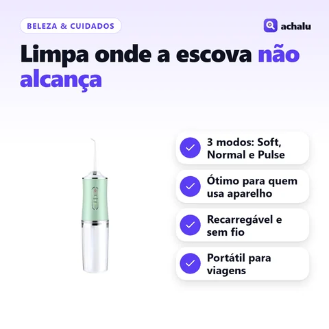 Irrigador Bucal Portátil Recarregável: 3 modos: Soft, Normal e Pulse; Ótimo para quem usa aparelho; Recarregável e sem fio; Portátil para viagens