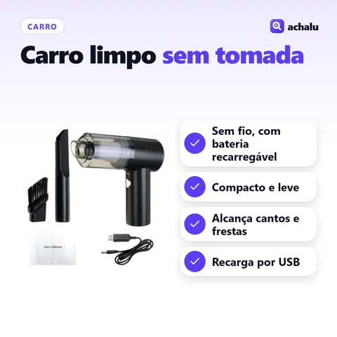 Mini Aspirador Automotivo Portátil Sem Fio: Sem fio, com bateria recarregável; Compacto e leve; Alcança cantos e frestas; Recarga por USB