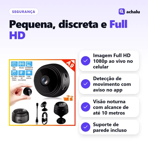 Mini Câmera Wi-Fi Full HD A9: Imagem Full HD 1080p ao vivo no celular; Detecção de movimento com aviso no app; Visão noturna com alcance de até 10 metros; Suporte de parede incluso