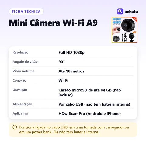 Ficha técnica: Mini Câmera Wi-Fi Full HD A9
