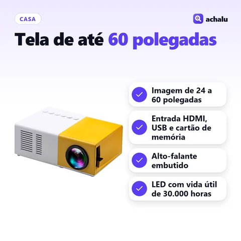 Mini Projetor LED Portátil com HDMI: Imagem de 24 a 60 polegadas; Entrada HDMI, USB e cartão de memória; Alto-falante embutido; LED com vida útil de 30.000 horas