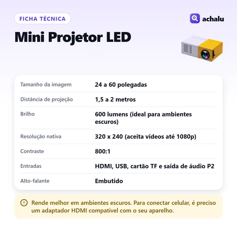 Ficha técnica: Mini Projetor LED Portátil com HDMI