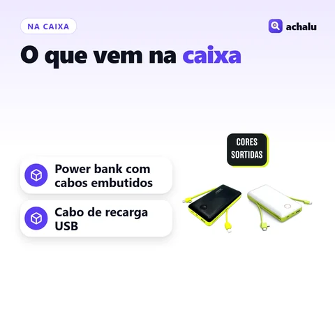 O que vem na caixa: Power Bank 20.000 mAh com Cabos Embutidos