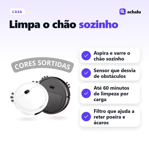 Robô Aspirador de Pó Recarregável: Aspira e varre o chão sozinho; Sensor que desvia de obstáculos; Até 60 minutos de limpeza por carga; Filtro que ajuda a reter poeira e ácaros