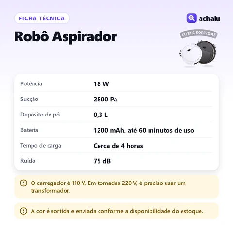 Ficha técnica: Robô Aspirador de Pó Recarregável
