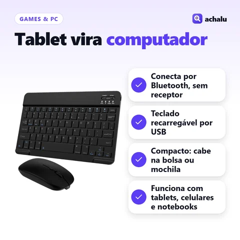 Kit Teclado e Mouse Bluetooth para Tablet e Notebook: Conecta por Bluetooth, sem receptor; Teclado recarregável por USB; Compacto: cabe na bolsa ou mochila; Funciona com tablets, celulares e notebooks