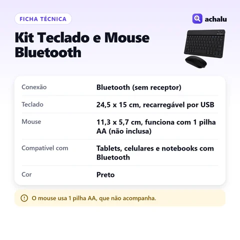 Ficha técnica: Kit Teclado e Mouse Bluetooth para Tablet e Notebook