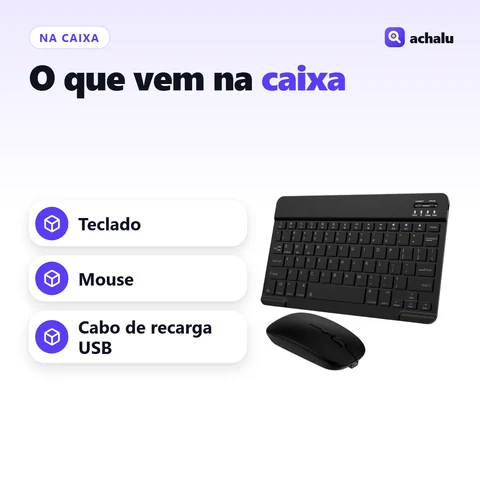 O que vem na caixa: Kit Teclado e Mouse Bluetooth para Tablet e Notebook